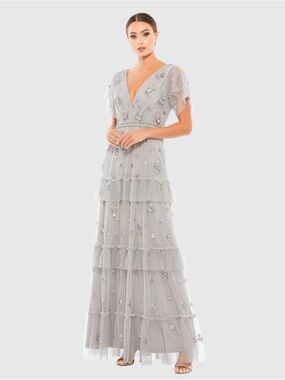 Mac Duggal Embellished Flutter Sleeve Maxi Dress